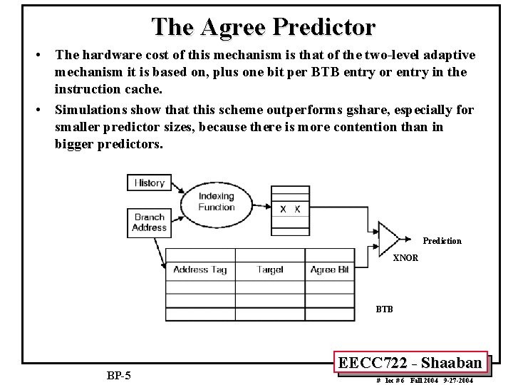 The Agree Predictor • The hardware cost of this mechanism is that of the