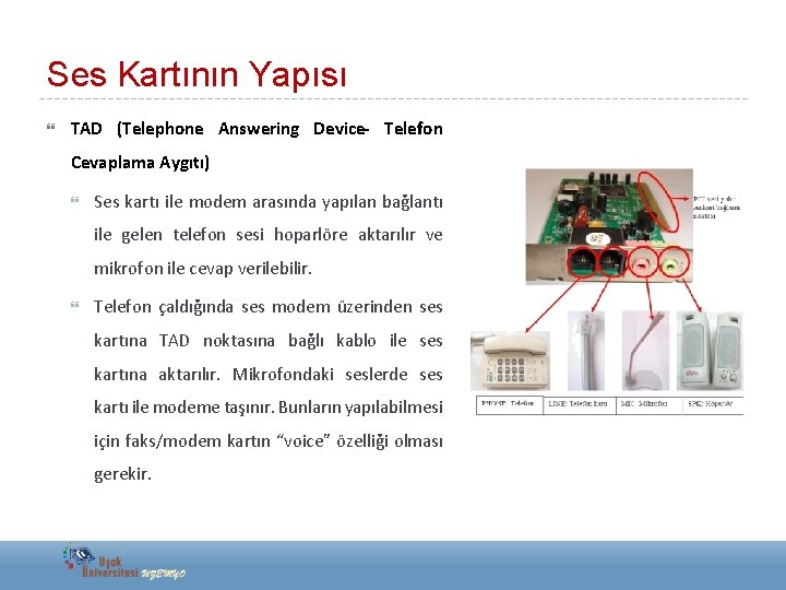 Ses Kartının Yapısı TAD (Telephone Answering Device- Telefon Cevaplama Aygıtı) Ses kartı ile modem