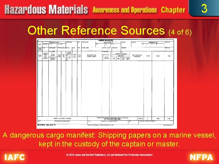 3 Other Reference Sources (4 of 6) A dangerous cargo manifest: Shipping papers on