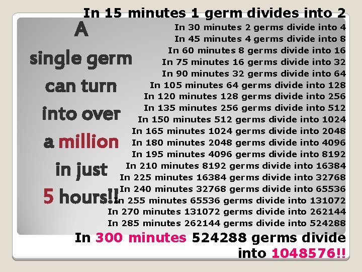 In 15 minutes 1 germ divides into 2 A single germ can turn into