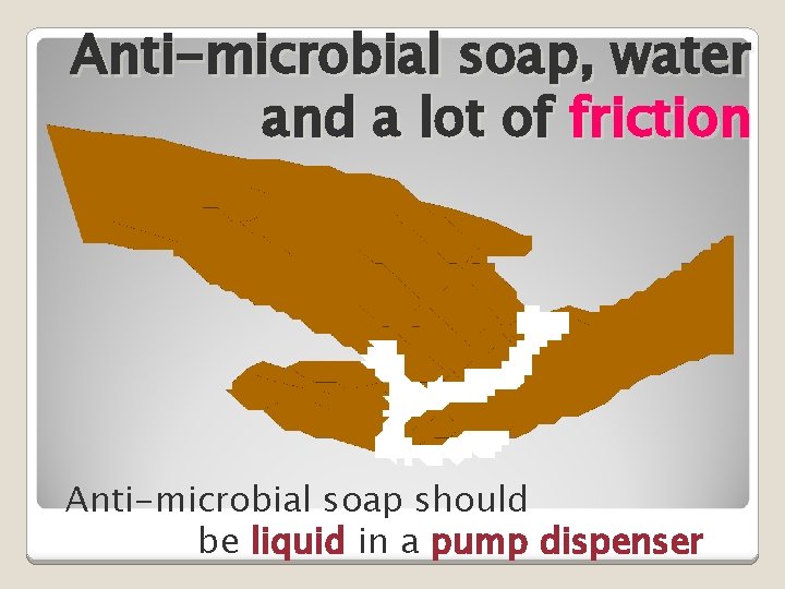 Anti-microbial soap, water and a lot of friction Anti-microbial soap should be liquid in