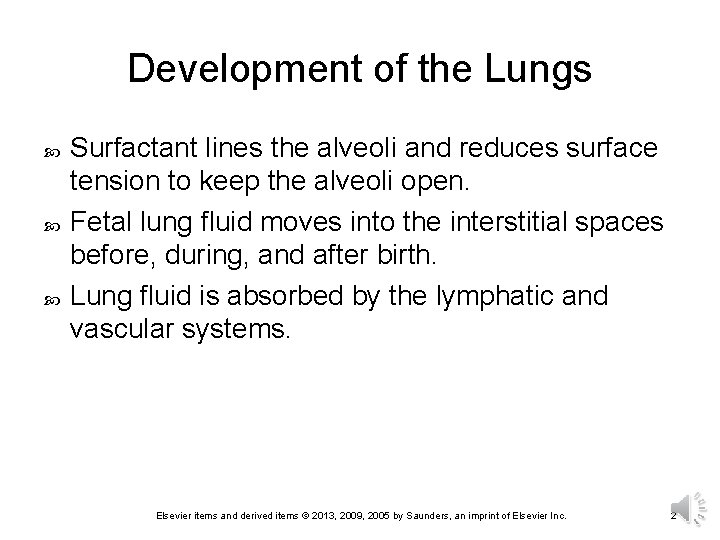 Development of the Lungs Surfactant lines the alveoli and reduces surface tension to keep