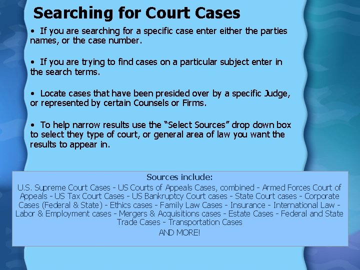 Searching for Court Cases • If you are searching for a specific case enter