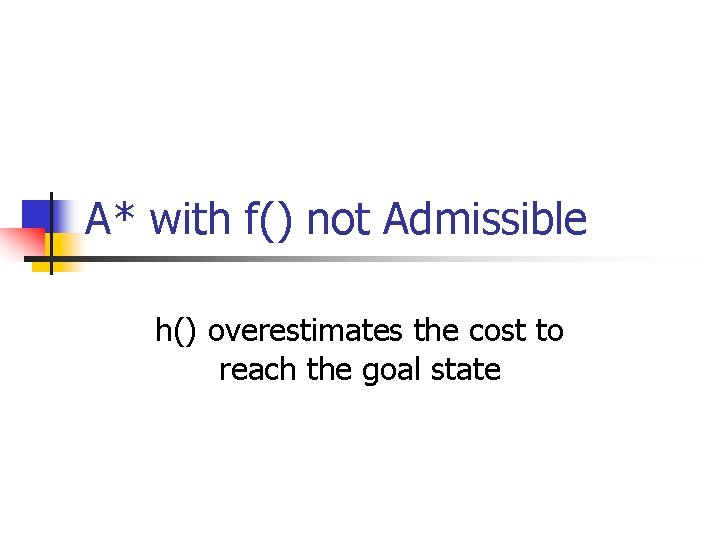 A* with f() not Admissible h() overestimates the cost to reach the goal state