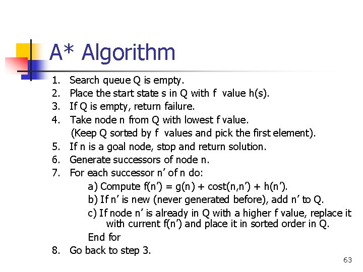 A* Algorithm 1. 2. 3. 4. 5. 6. 7. 8. Search queue Q is