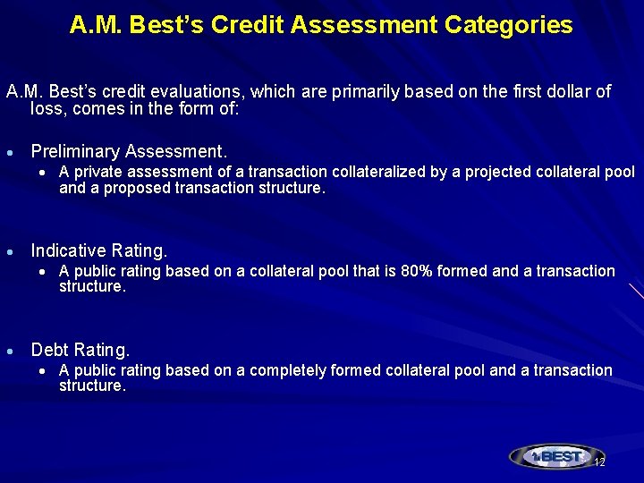 A. M. Best’s Credit Assessment Categories A. M. Best’s credit evaluations, which are primarily
