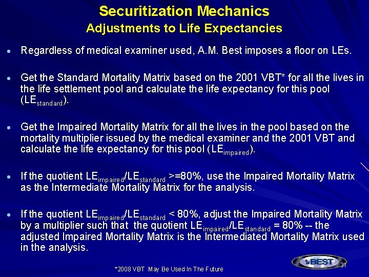 Securitization Mechanics Adjustments to Life Expectancies Regardless of medical examiner used, A. M. Best