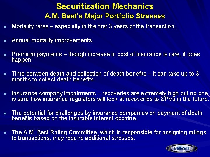 Securitization Mechanics A. M. Best’s Major Portfolio Stresses Mortality rates – especially in the