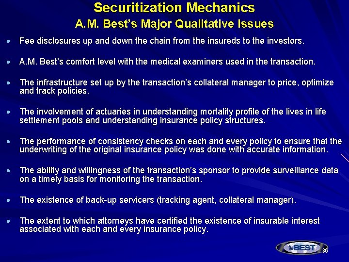 Securitization Mechanics A. M. Best’s Major Qualitative Issues Fee disclosures up and down the