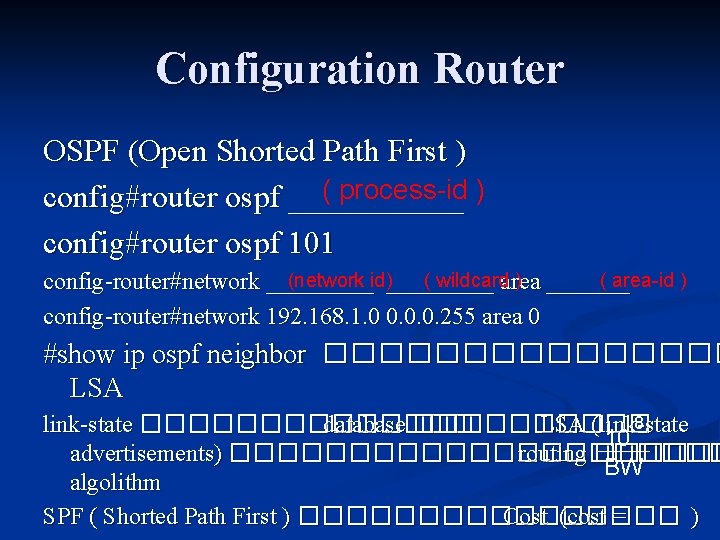 Configuration Router OSPF (Open Shorted Path First ) ( process-id ) config#router ospf ______