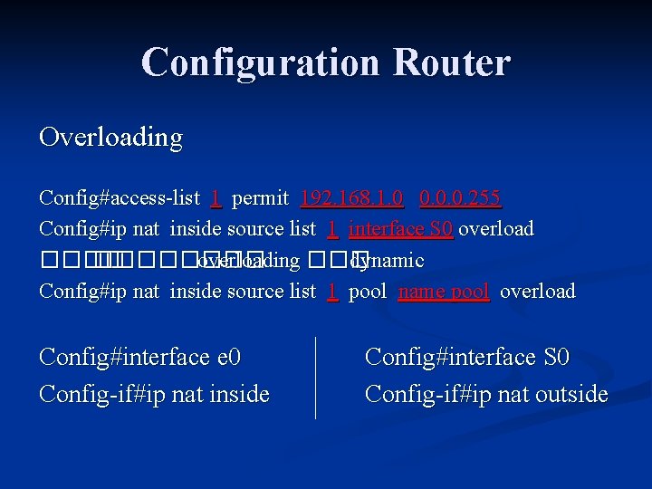 Configuration Router Overloading Config#access-list 1 permit 192. 168. 1. 0 0. 0. 0. 255