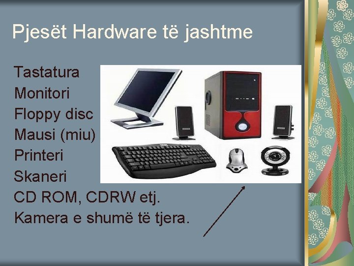 Pjesët Hardware të jashtme Tastatura Monitori Floppy disc Mausi (miu) Printeri Skaneri CD ROM,