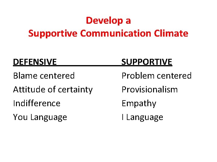 Develop a Supportive Communication Climate DEFENSIVE Blame centered Attitude of certainty Indifference You Language