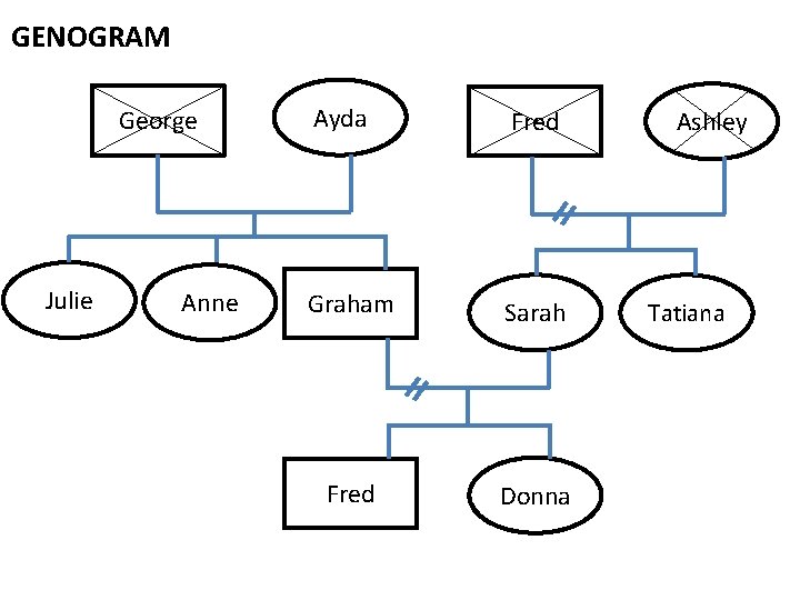GENOGRAM George Julie Anne Ayda Fred Graham Sarah Fred Donna Ashley Tatiana 