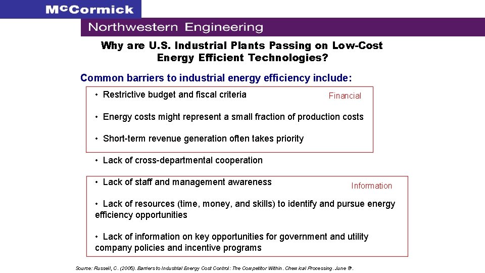 Why are U. S. Industrial Plants Passing on Low-Cost Energy Efficient Technologies? Common barriers