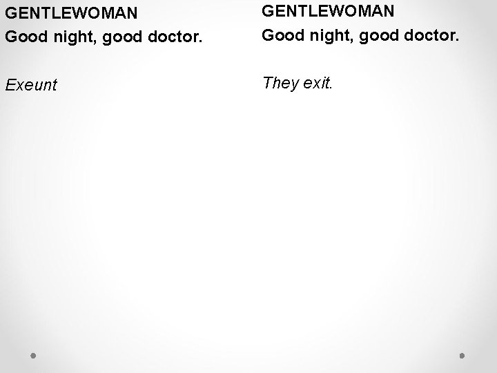 GENTLEWOMAN Good night, good doctor. Exeunt They exit. GENTLEWOMAN Good night, good doctor. Exeunt They exit.