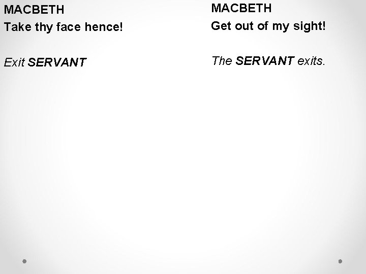 MACBETH Take thy face hence! MACBETH Get out of my sight! Exit SERVANT The MACBETH Take thy face hence! MACBETH Get out of my sight! Exit SERVANT The