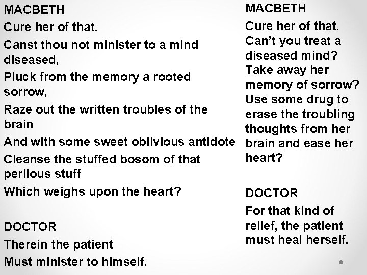 MACBETH Cure her of that. Canst thou not minister to a mind diseased, Pluck MACBETH Cure her of that. Canst thou not minister to a mind diseased, Pluck