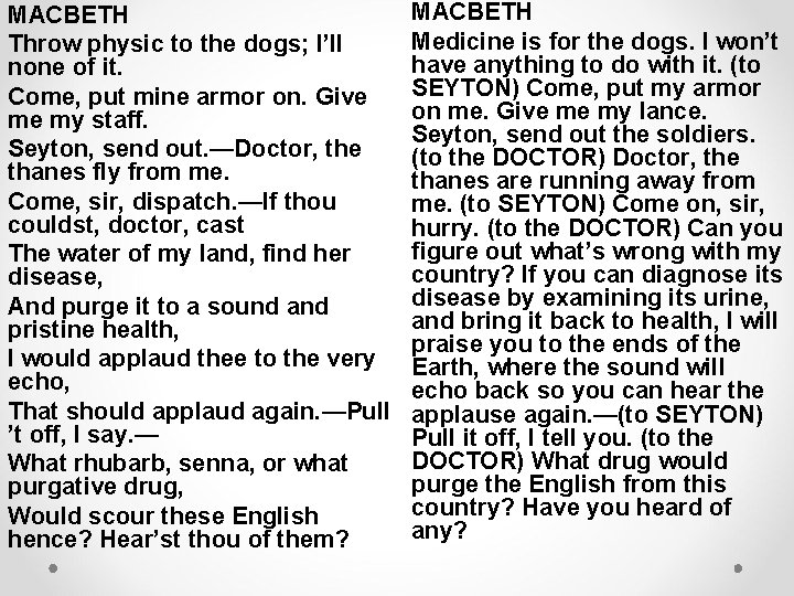 MACBETH Throw physic to the dogs; I’ll none of it. Come, put mine armor MACBETH Throw physic to the dogs; I’ll none of it. Come, put mine armor
