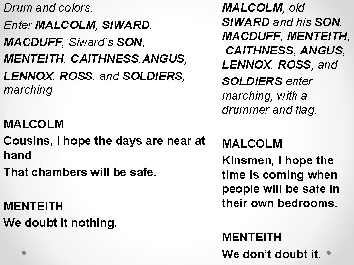 Drum and colors. Enter MALCOLM, SIWARD, MACDUFF, Siward’s SON, MENTEITH, CAITHNESS, ANGUS, LENNOX, ROSS, Drum and colors. Enter MALCOLM, SIWARD, MACDUFF, Siward’s SON, MENTEITH, CAITHNESS, ANGUS, LENNOX, ROSS,