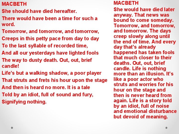 MACBETH She should have died hereafter. There would have been a time for such MACBETH She should have died hereafter. There would have been a time for such