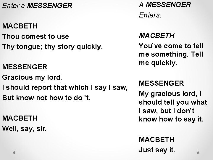Enter a MESSENGER MACBETH Thou comest to use Thy tongue; thy story quickly. MESSENGER Enter a MESSENGER MACBETH Thou comest to use Thy tongue; thy story quickly. MESSENGER