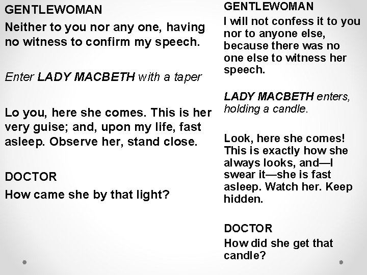 GENTLEWOMAN Neither to you nor any one, having no witness to confirm my speech. GENTLEWOMAN Neither to you nor any one, having no witness to confirm my speech.
