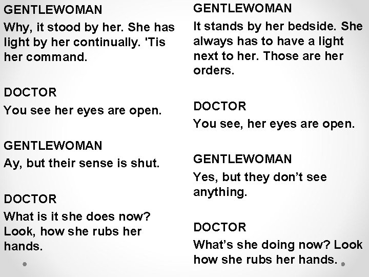 GENTLEWOMAN Why, it stood by her. She has light by her continually. 'Tis her GENTLEWOMAN Why, it stood by her. She has light by her continually. 'Tis her
