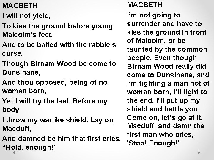 MACBETH I will not yield, To kiss the ground before young Malcolm’s feet, And MACBETH I will not yield, To kiss the ground before young Malcolm’s feet, And