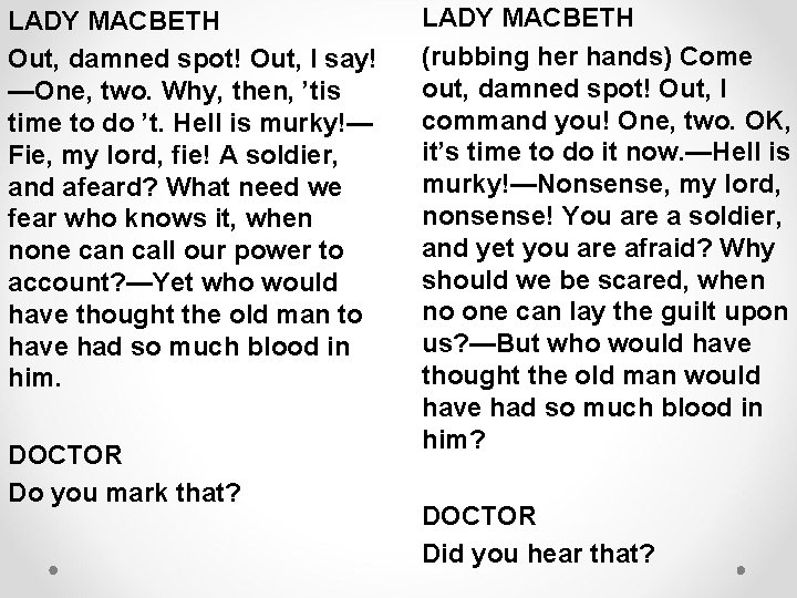 LADY MACBETH Out, damned spot! Out, I say! —One, two. Why, then, ’tis time LADY MACBETH Out, damned spot! Out, I say! —One, two. Why, then, ’tis time
