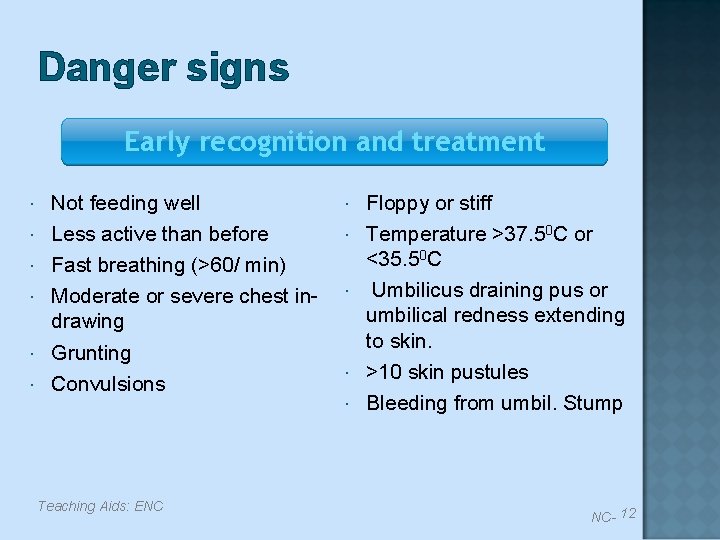 Danger signs Early recognition and treatment Not feeding well Less active than before Fast