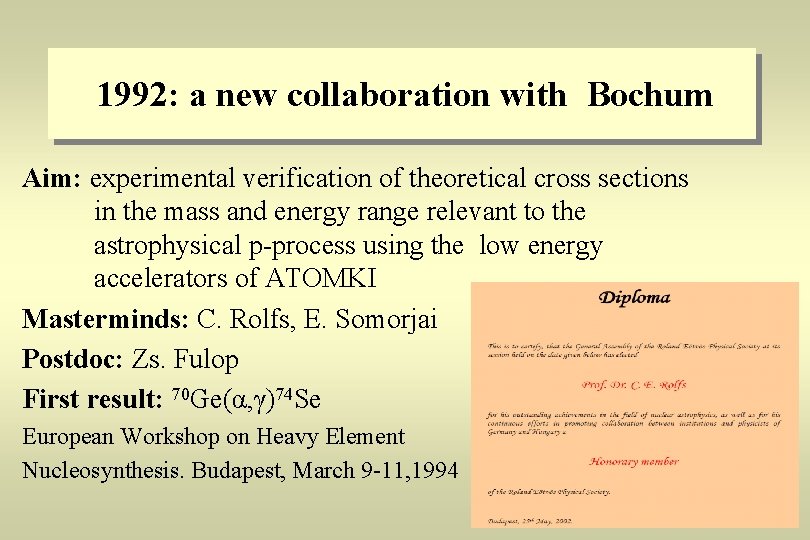 1992: a new collaboration with Bochum Aim: experimental verification of theoretical cross sections in