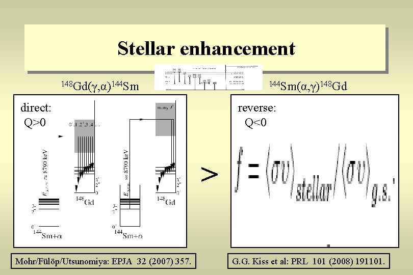 Stellar enhancement 148 Gd(γ, α)144 Sm(α, γ)148 Gd direct: Q>0 reverse: Q<0 > Mohr/Fülöp/Utsunomiya: