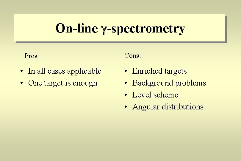 On-line γ-spectrometry Pros: • In all cases applicable • One target is enough Cons: