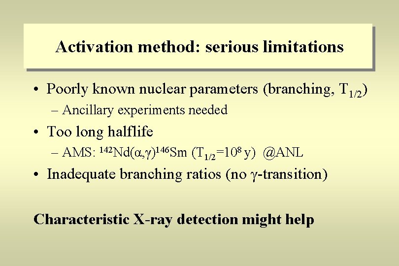 Activation method: serious limitations • Poorly known nuclear parameters (branching, T 1/2) – Ancillary