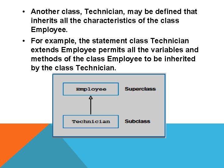  • Another class, Technician, may be defined that inherits all the characteristics of
