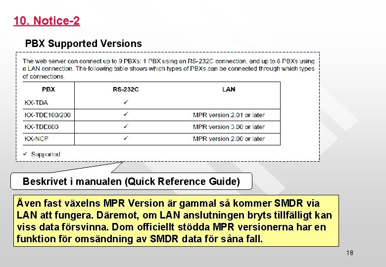 10. Notice-2 PBX Supported Versions Beskrivet i manualen (Quick Reference Guide) Även fast växelns