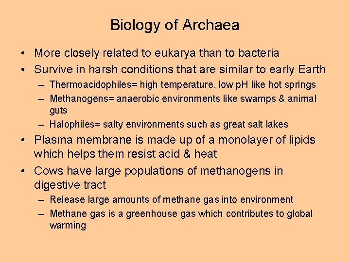 Biology of Archaea • More closely related to eukarya than to bacteria • Survive