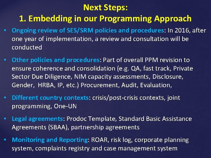 Next Steps: 1. Embedding in our Programming Approach • Ongoing review of SES/SRM policies