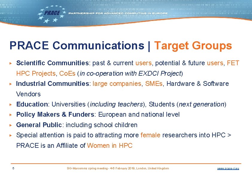 PRACE Communications | Target Groups Scientific Communities: past & current users, potential & future