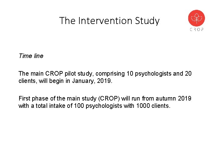 The Intervention Study Time line The main CROP pilot study, comprising 10 psychologists and