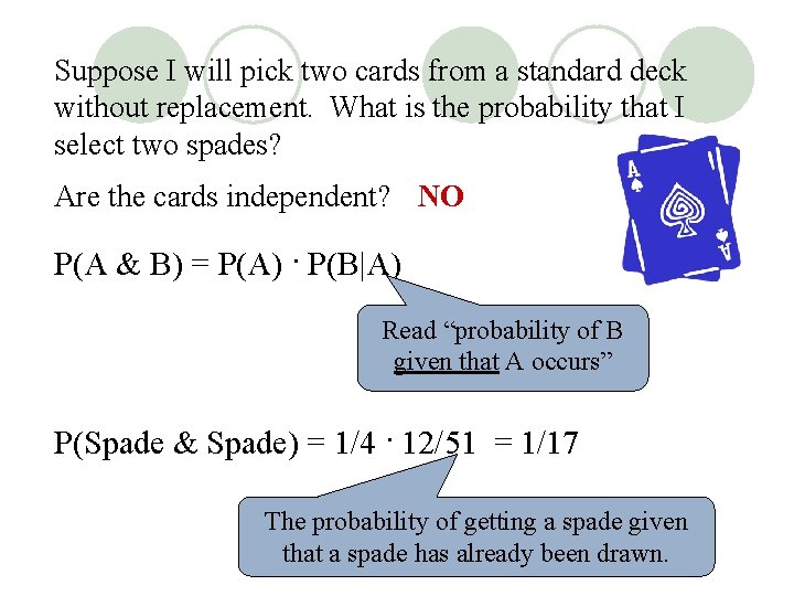 Suppose I will pick two cards from a standard deck without replacement. What is Suppose I will pick two cards from a standard deck without replacement. What is