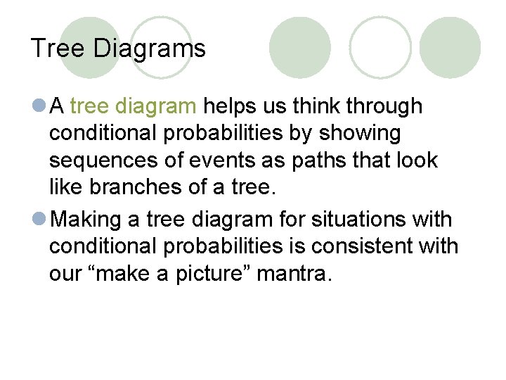 Tree Diagrams l A tree diagram helps us think through conditional probabilities by showing