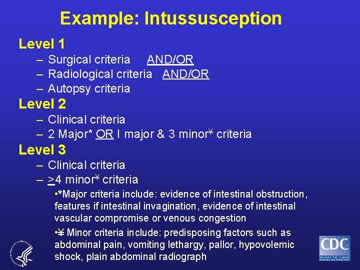 Example: Intussusception Level 1 – Surgical criteria AND/OR – Radiological criteria AND/OR – Autopsy
