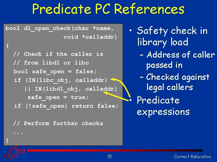Predicate PC References bool dl_open_check(char *name, void *calladdr) { // Check if the caller