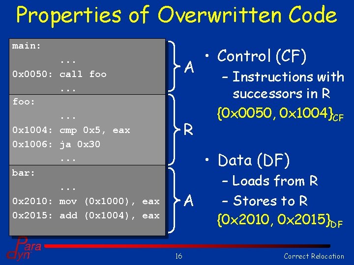 Properties of Overwritten Code main: . . . 0 x 0050: call foo. .