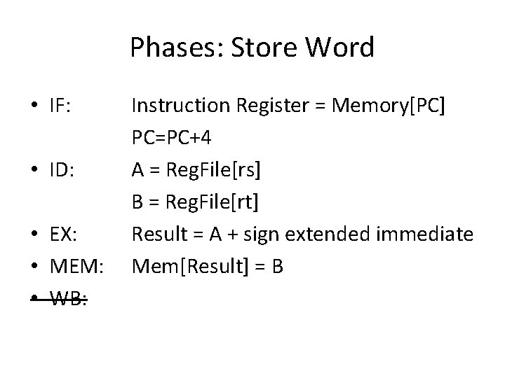 Phases: Store Word • IF: • ID: • EX: • MEM: • WB: Instruction