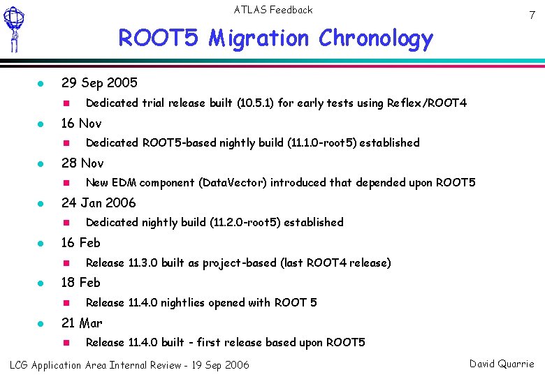 ATLAS Feedback 7 ROOT 5 Migration Chronology 29 Sep 2005 16 Nov Release 11.