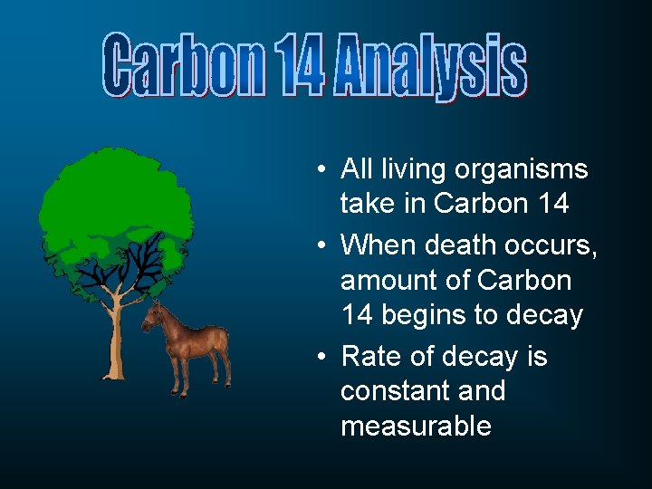  • All living organisms take in Carbon 14 • When death occurs, amount