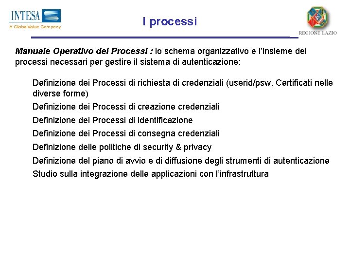 I processi Manuale Operativo dei Processi : lo schema organizzativo e l’insieme dei processi